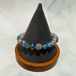 Beaded Blue Frosted Glass Stretch Bracelet with Pave Accent